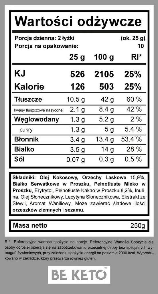 Keto Krem z Olejem MCT BeKeto - Różne Smaki 250 g (Smak: orzech-laskowy)