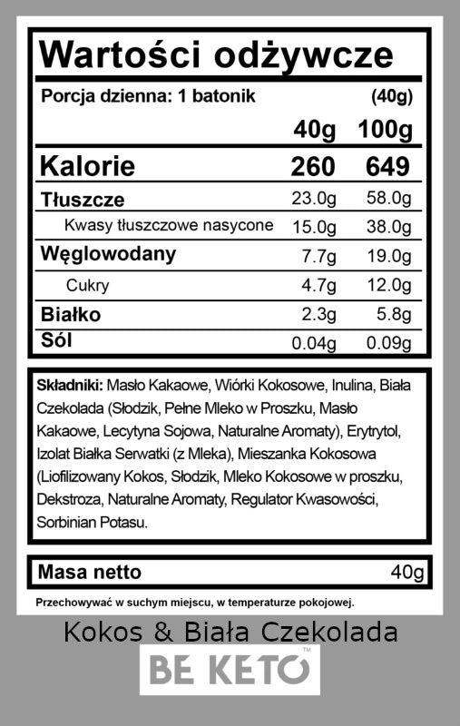 Keto Baton BeKeto - Idealny na szybką energiczną przekąskę - Różne smaki 40 g (Smak: kokos-biala-czekolada)