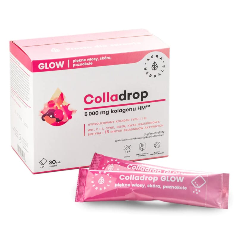 Colladrop GLOW Kolagen morski 5000 mg Aura Herbals - Piękne włosy, skóra i paznokcie - 30 saszetek