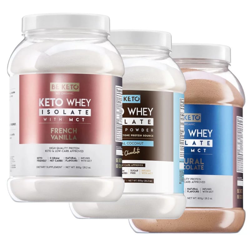 Keto Izolat Białka z olejem MCT BeKeto 800 g - 3 pyszne smaki (Smak: naturalna-czekolada)