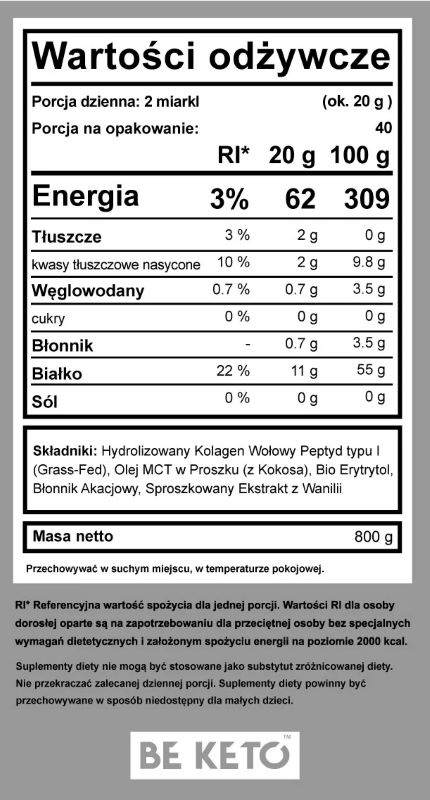 Keto Kolagen z olejem MCT BeKeto - Francuska wanilia 800 g