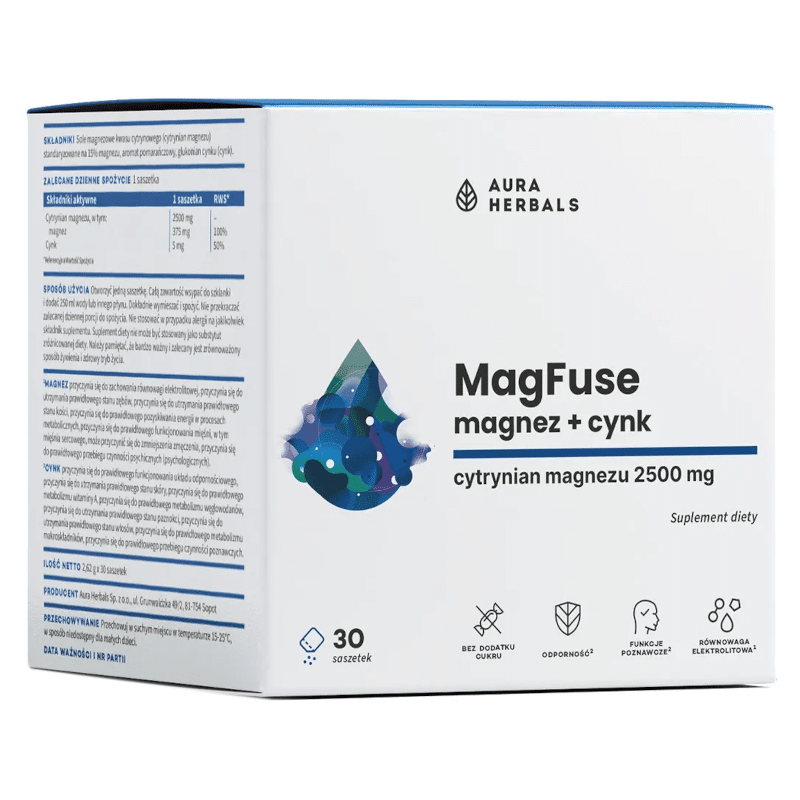 MagFuse Magnez z cynkiem Aura Herbals - wsparcie dla zdrowia i energii - 30 saszetek