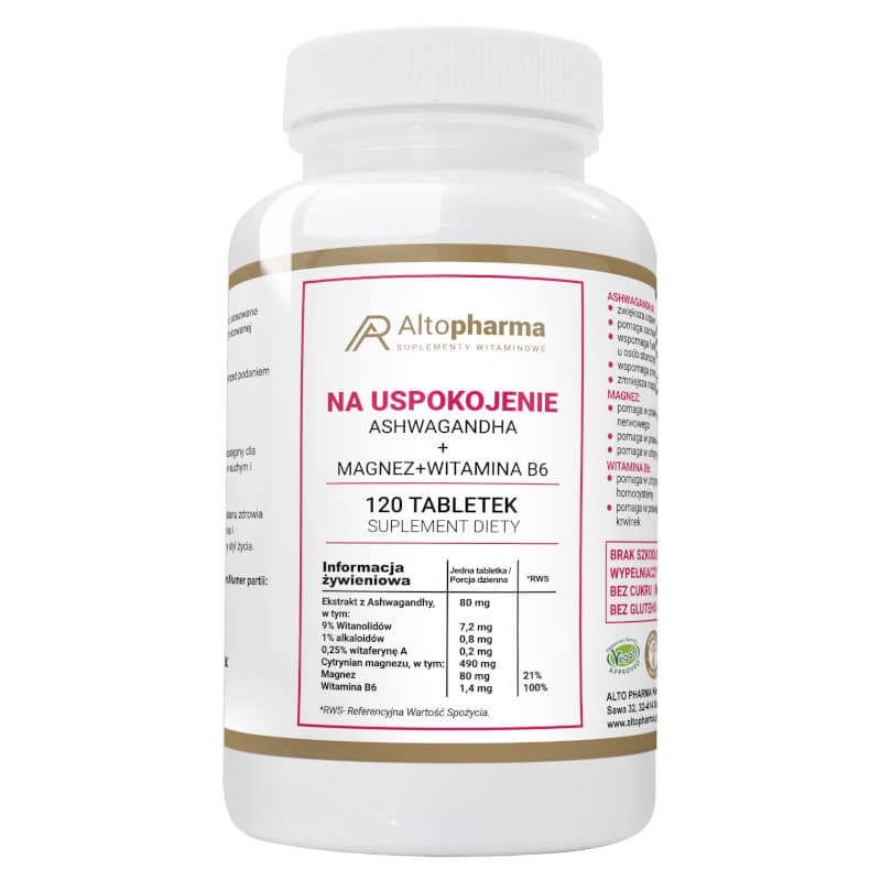 Na uspokojenie Ashwaganda + Magnez + Witamina B6 Alto Pharma - 120 tabletek