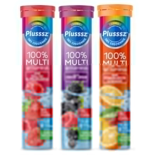 Plusssz MULTIWITAMINA 100% Polski Lek Z sokiem owocowym 3 smaki - 20 tabletek musujących (Smak: pomarancza-mango)