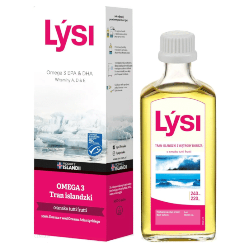Tran islandzki Lysi - Z wątroby dorsza o smaku Tutti Frutti - 240 ml
