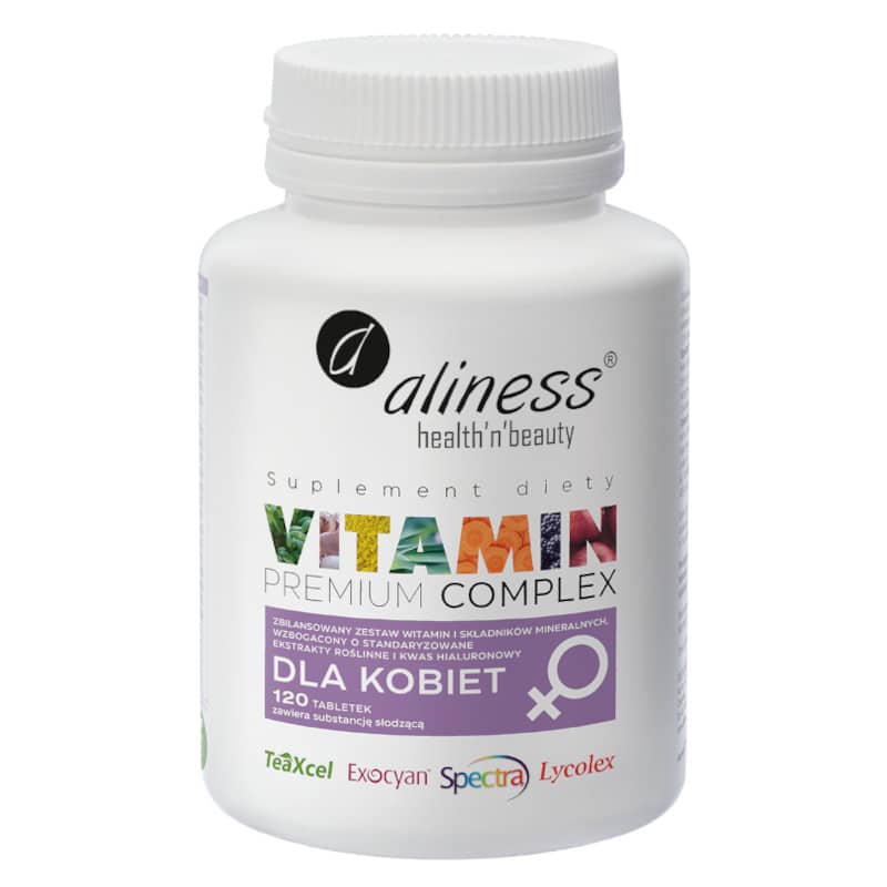 Vitamin Premium Complex dla kobiet Wzbogacony o kwas hialuronowy Aliness - 120 tabletek