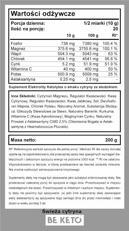 Elektrolity Ketolytes w proszku BeKeto - Różne smaki - 200 g (Smak: swieza-cytryna)