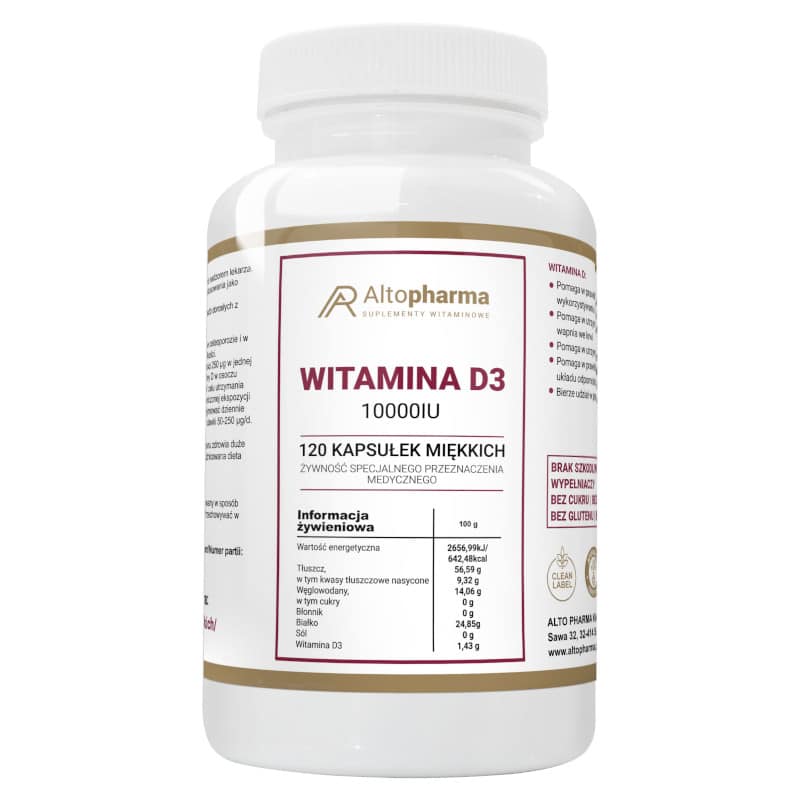 Witamina D3 10000IU Forte Alto Pharma - Wspomaga mocne kości i odporność - 120 kapsułek