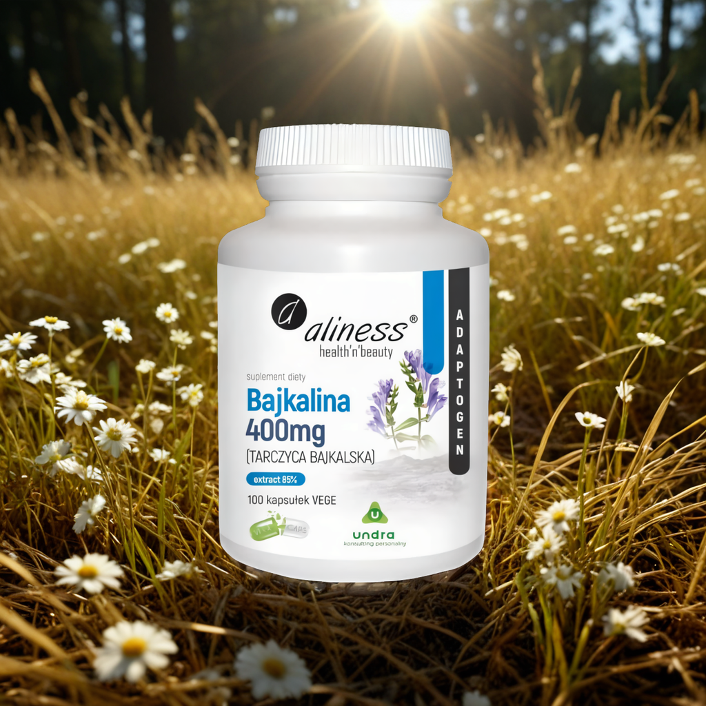 Bajkalina (Tarczyca bajkalska) Extract 85% 400 mg Aliness - Wspomaga stawy, mięśnie i ścięgna - 100 kapsułek