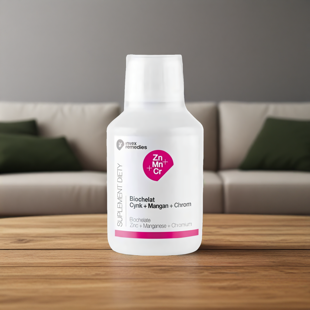 Biochelat Zn-Mn-Cr Uzupełnia niedobory cynku, manganu i chromu Invex Remedies - 150 ml