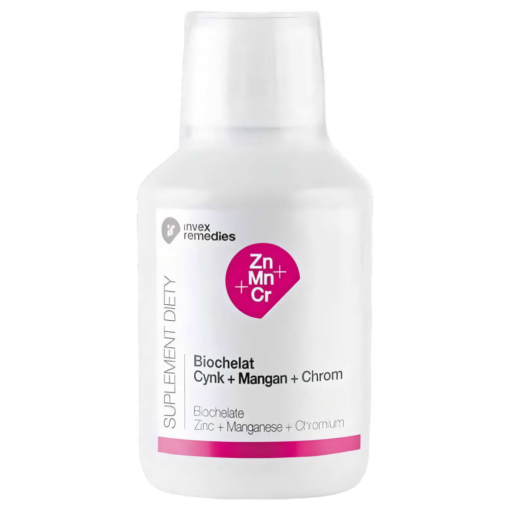 Biochelat Zn-Mn-Cr Uzupełnia niedobory cynku, manganu i chromu Invex Remedies - 150 ml