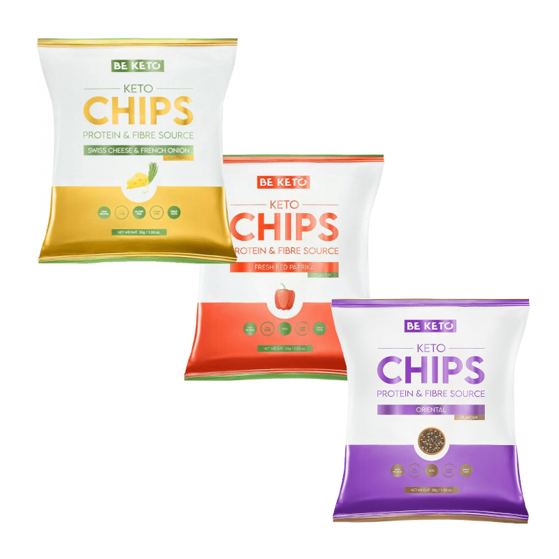 Keto Chipsy BeKeto - Ser & cebulka, Czerwona papryka oraz Orientalne pikantne - 30 g (Smak: swieza-czerwona-papryka)