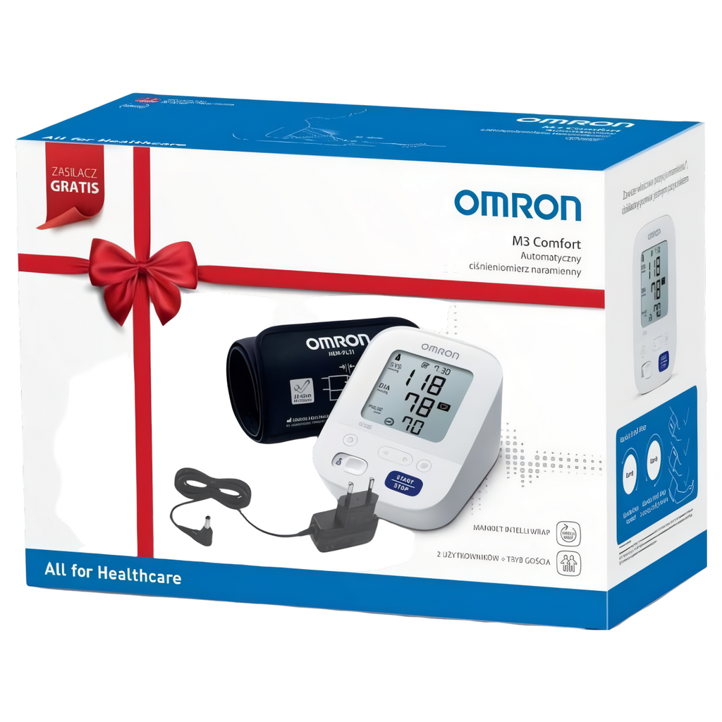 Ciśnieniomierz Omron M3 Comfort + zasilacz + dzienniczek - Zestaw prezentowy