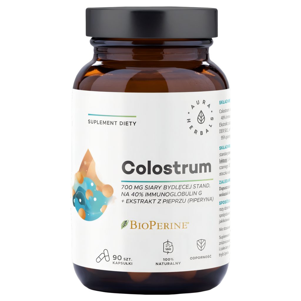 Colostrum 700 mg + BioPerine Aura Herbals - Wspomaga trawienie i wchłanianie składników odżywczych - 90 kapsułek