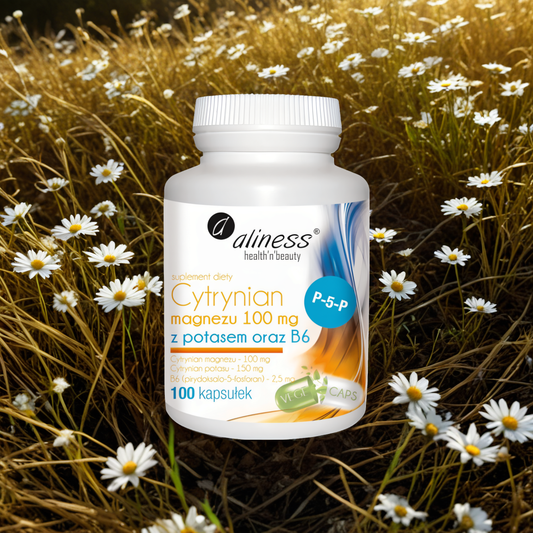Cytrynian Magnezu 100 mg z Potasem oraz Witaminą B6 Aliness - 100 kapsułek