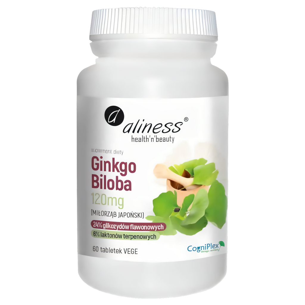 Ginkgo Biloba (miłorząb japoński) 120 mg Aliness - Wsparcie dla mózgu - 60 tabletek