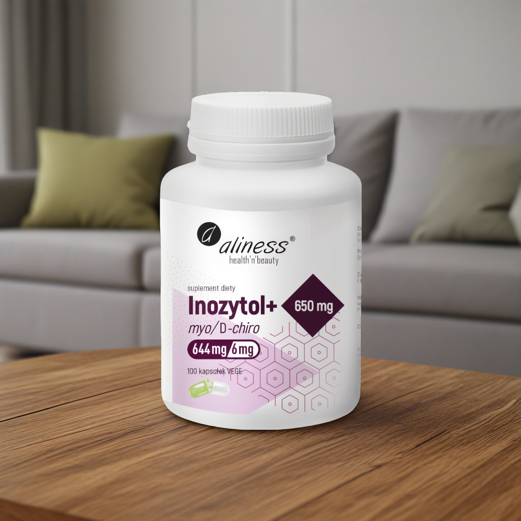 Inozytol myo/D-chiro, 650mg + B6 Aliness - Wspomaga układ nerwowy - 100 kapsułek