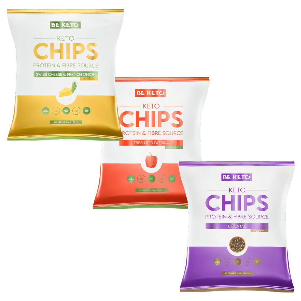 Keto Chipsy BeKeto - Ser & cebulka, Czerwona papryka oraz Orientalne pikantne - 30 g (Smak: swieza-czerwona-papryka)