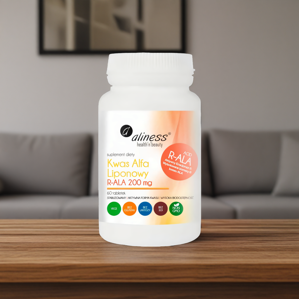 Kwas Alfa Liponowy R-ALA 200 mg Aliness - Stabilizowana, aktywna forma kwasu - 60 tabletek