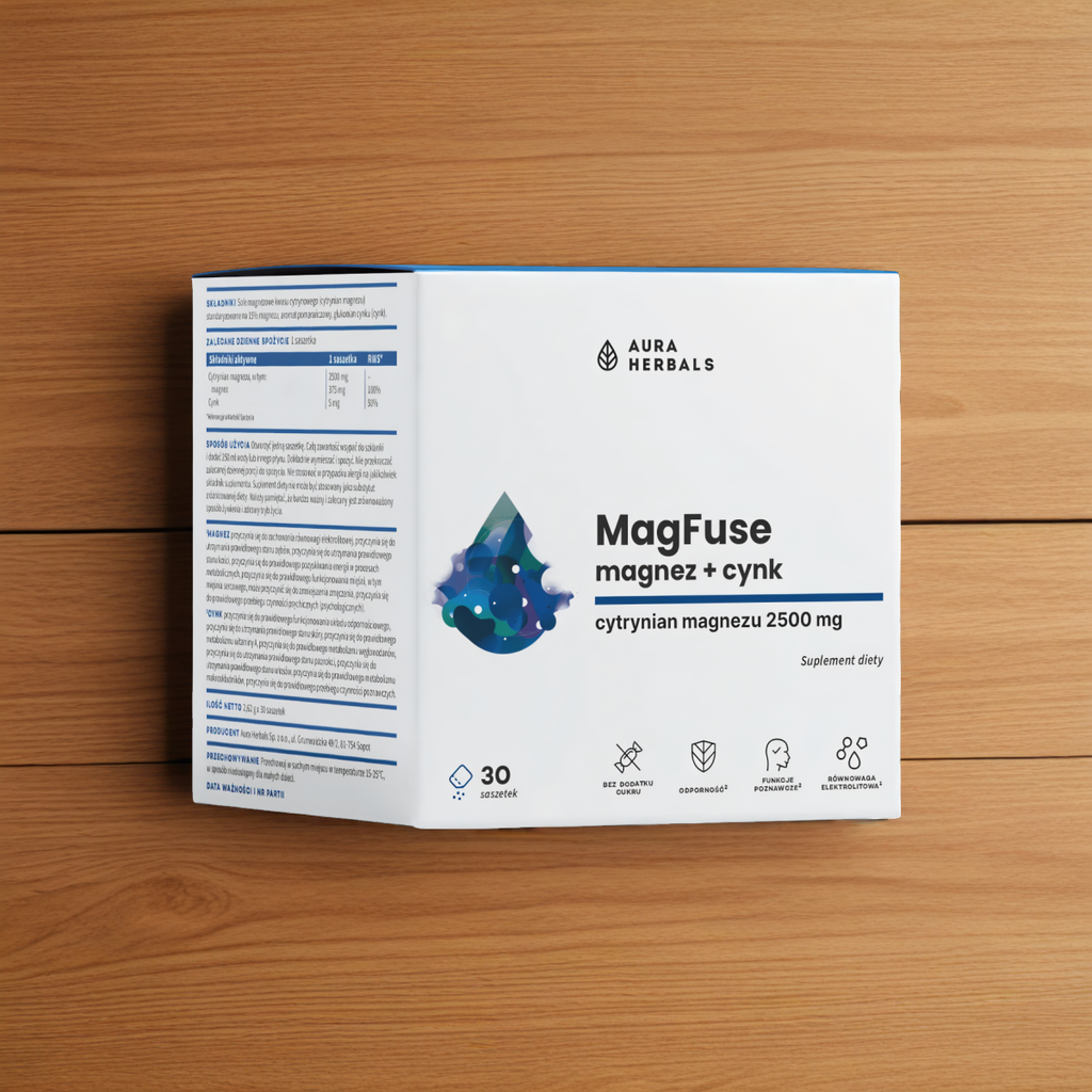 MagFuse Magnez z cynkiem Aura Herbals - wsparcie dla zdrowia i energii - 30 saszetek