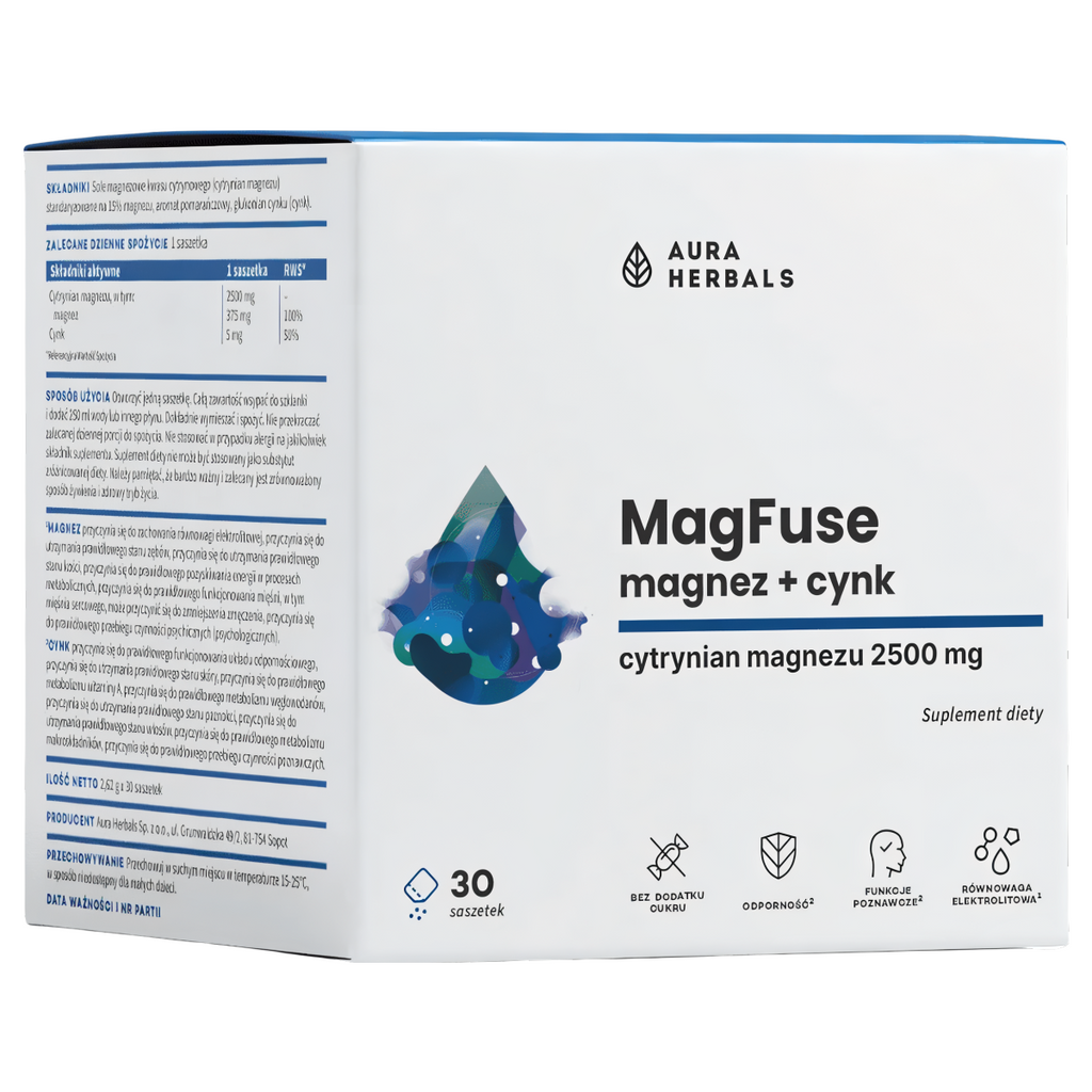 MagFuse Magnez z cynkiem Aura Herbals - wsparcie dla zdrowia i energii - 30 saszetek