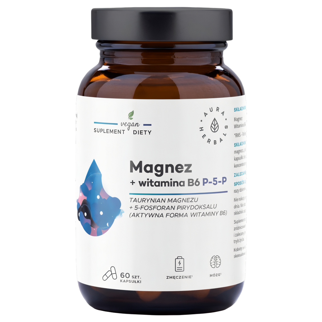 Magnez + Witamina B6 Aura Herbals - Wsparcie dla  prawidłowego funkcjonowania układu nerwowego - 60 kapsułek