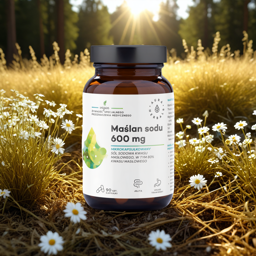Maślan sodu mikrokapsułkowany 600 mg Aura Herbals - Wsparcie dla układu pokarmowego - 90 kapsułek