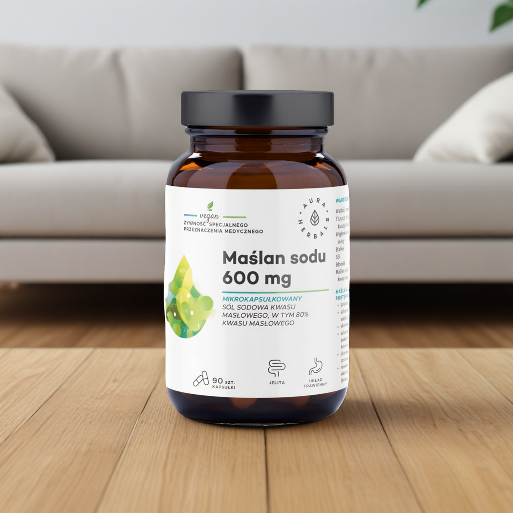 Maślan sodu mikrokapsułkowany 600 mg Aura Herbals - Wsparcie dla układu pokarmowego - 90 kapsułek