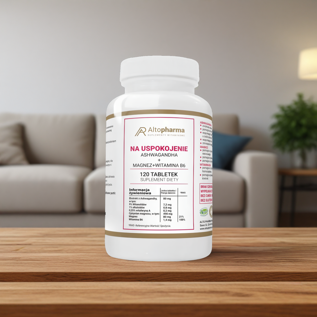 Na uspokojenie Ashwaganda + Magnez + Witamina B6 Alto Pharma - 120 tabletek