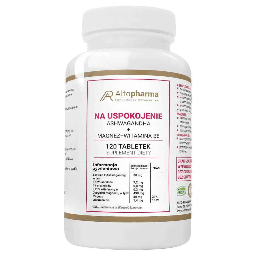 Na uspokojenie Ashwaganda + Magnez + Witamina B6 Alto Pharma - 120 tabletek