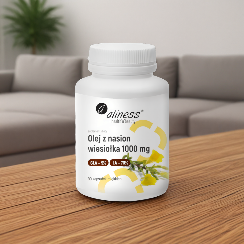 Olej z nasion wiesiołka 9% 1000 mg Aliness - Tłoczony na zimno - 90 kapsułek miękkich