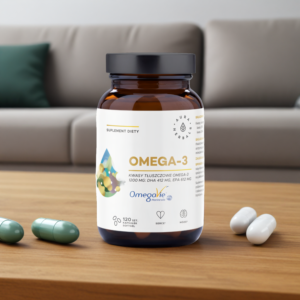 Omega 3 Aura Herbals 1200 mg - Wspiera zdrowie serca, mózgu i oczu - 120 kapsułek softgel