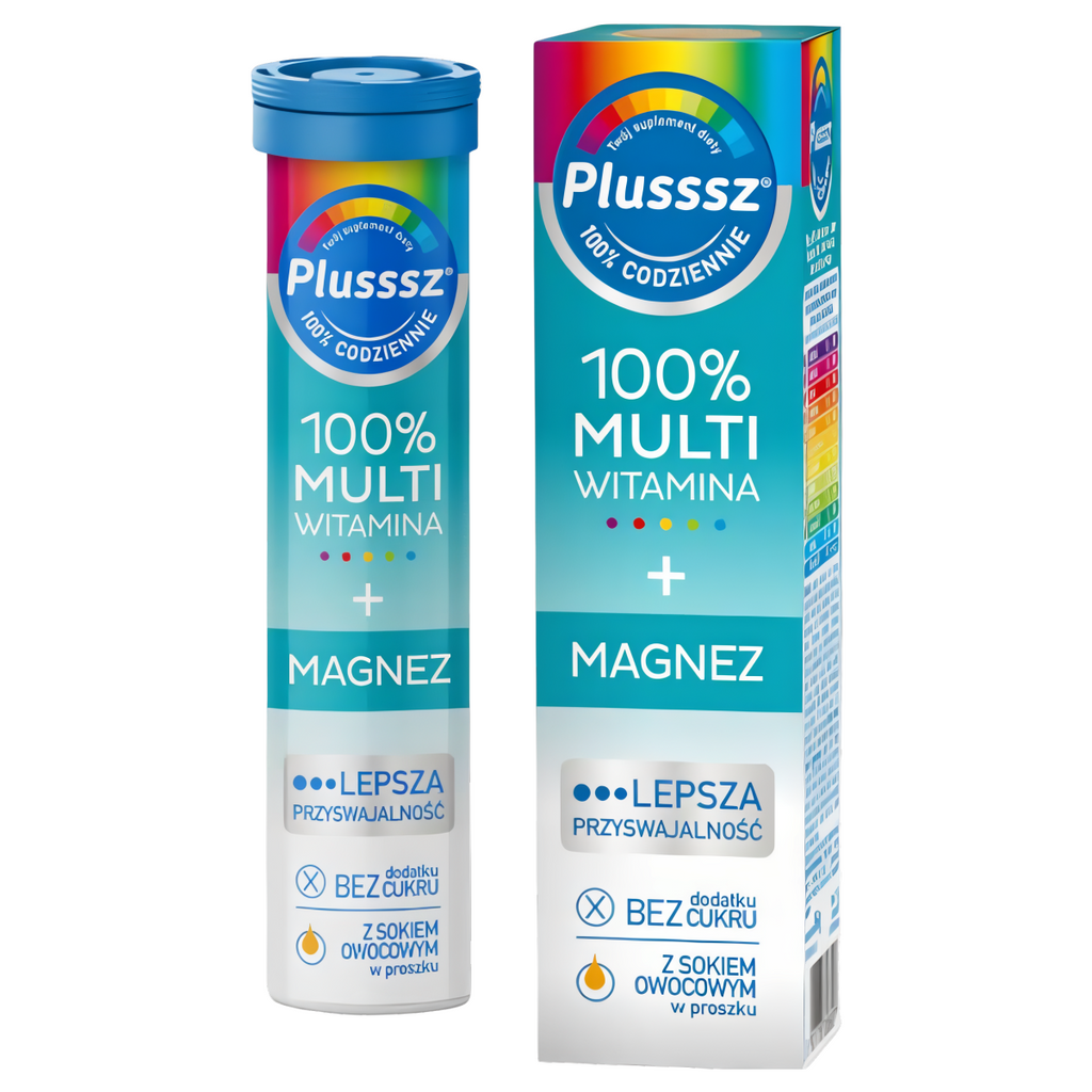 Plusssz 100% MULTIWITAMINA + MAGNEZ Polski Lek - 20 tabletek musujących o smaku mango - pomarańcza