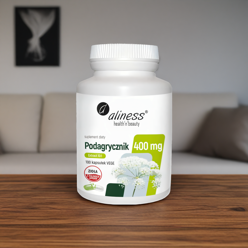 Podagrycznik ekstrakt 10:1 400mg Aliness - Poprawia funkcjonowanie wątroby, nerek i przewodu pokarmowego - 100 kapsułek