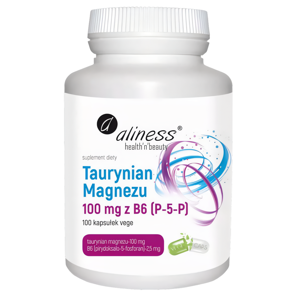 Taurynian Magnezu 100 mg z Witaminą B6 Aliness - Biodostępna forma magnezu - 100 kapsułek