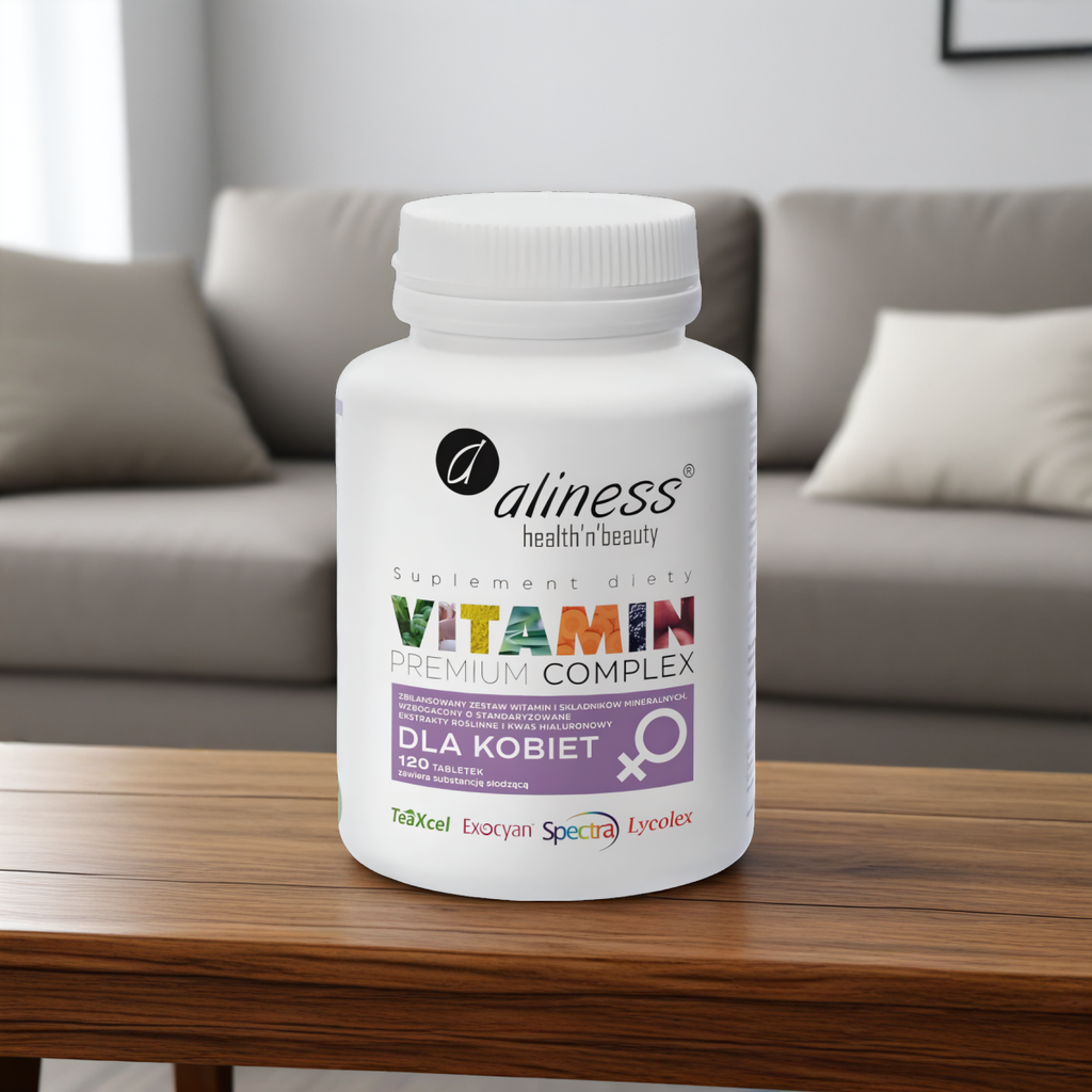 Vitamin Premium Complex dla kobiet Wzbogacony o kwas hialuronowy Aliness - 120 tabletek