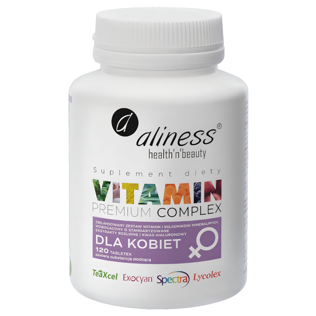 Vitamin Premium Complex dla kobiet Wzbogacony o kwas hialuronowy Aliness - 120 tabletek