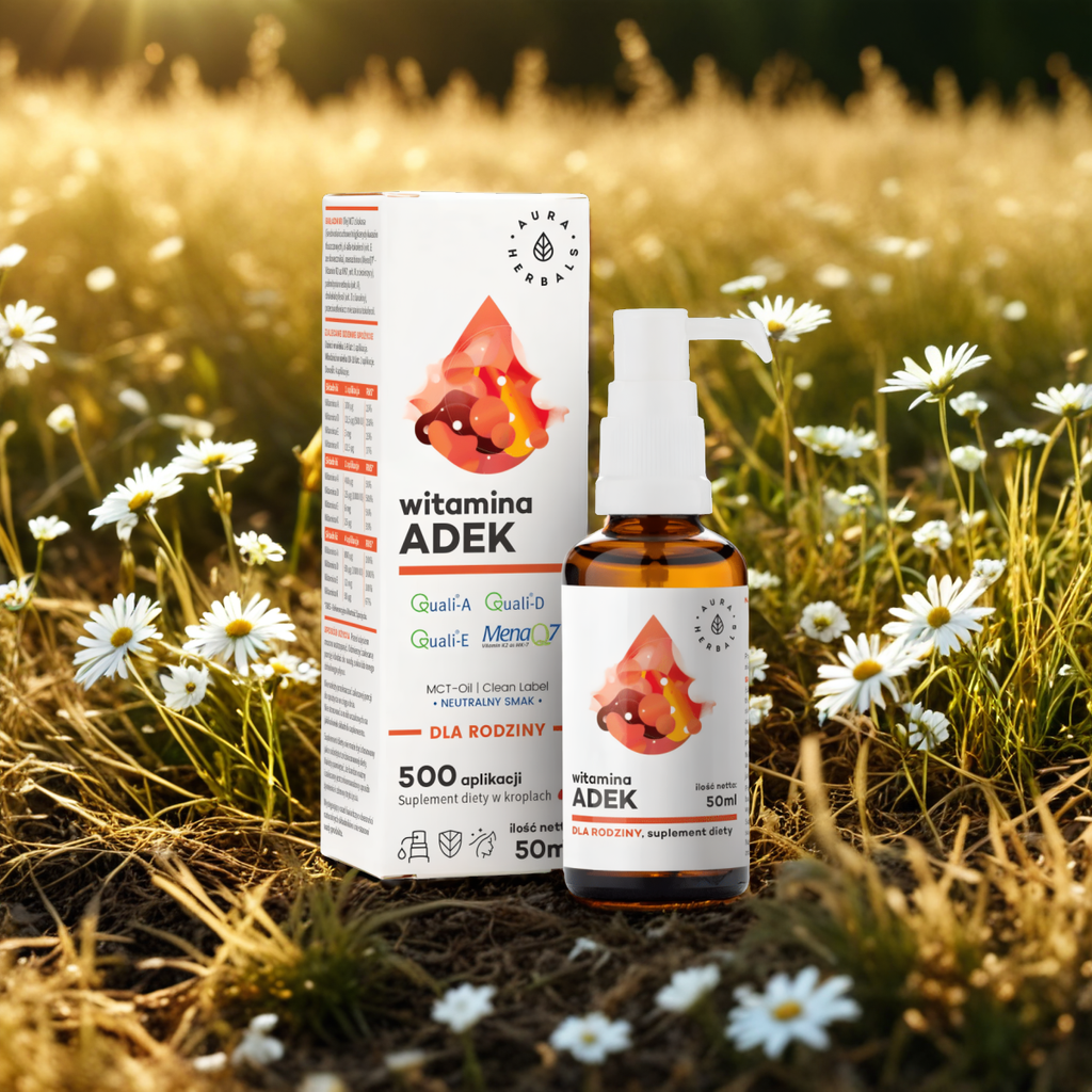 Witamina ADEK dla rodziny, MCT Aura Herbals - Zbiór Witamin A + D + E + K - 50 ml krople