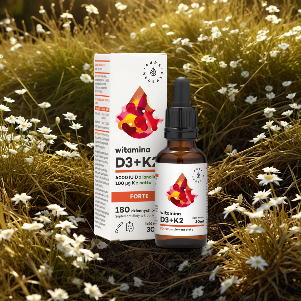 Witamina D3 4000 IU + K2 FORTE Aura Herbals - Naturalna witamina D z lanoliny i K z natto - 30 ml