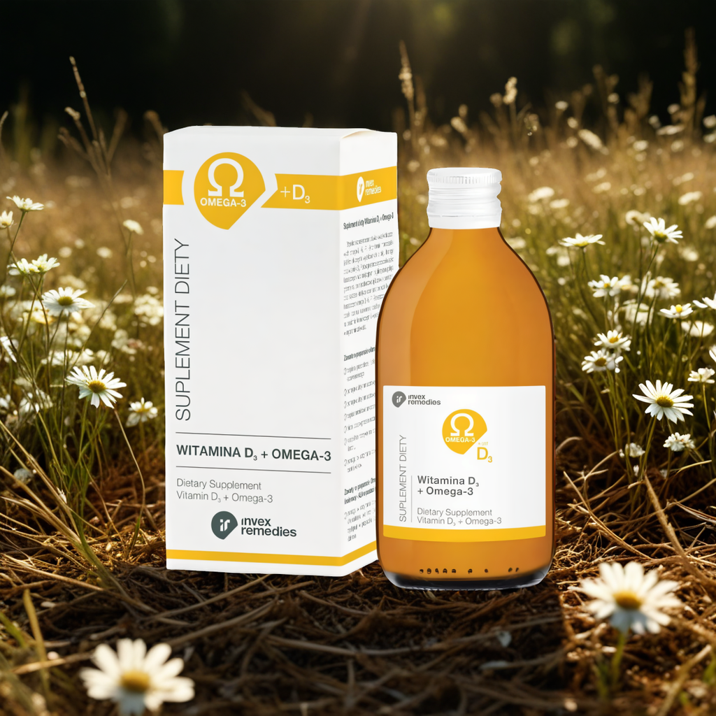 Witamina D3 +  nienasycone kwasy tłuszczowe Omega 3+6+7+9 Invex Remedies w płynie - 300 ml