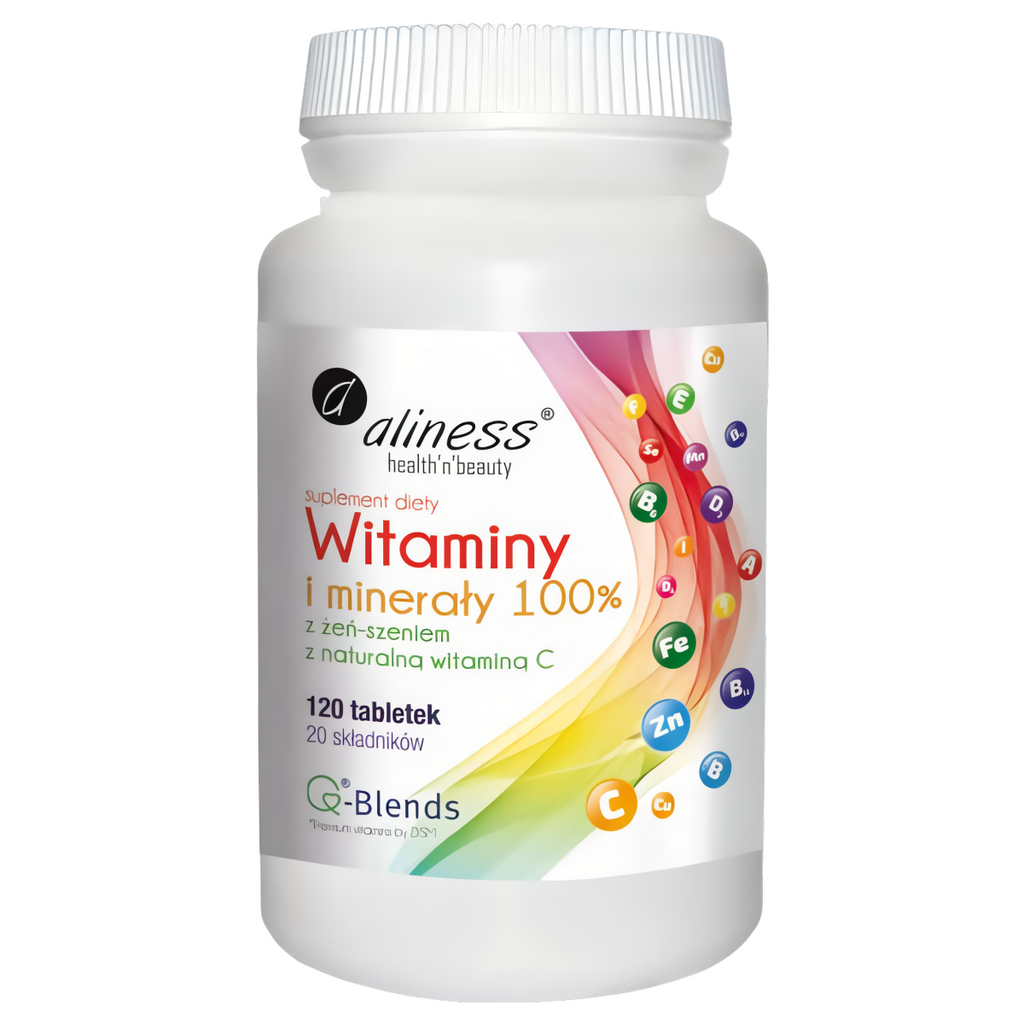 Witaminy i minerały 100 % z żeń-szeniem i naturalną witaminą C Aliness - 120 tabletek
