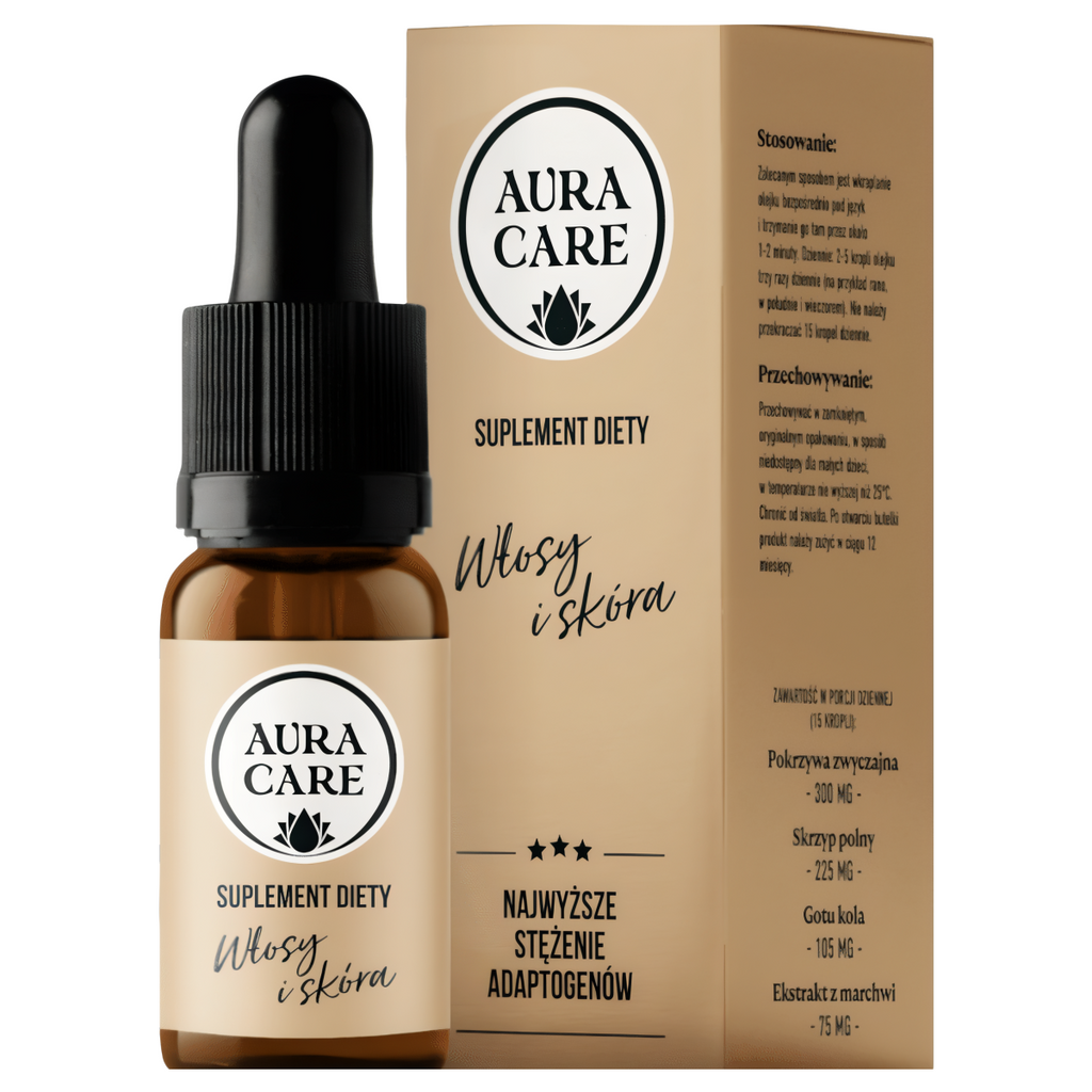 Włosy i skóra AURA CARE - Moc naturalnych składników dla pięknych włosów i zdrowej skóry - 10ml, około 300 kropli