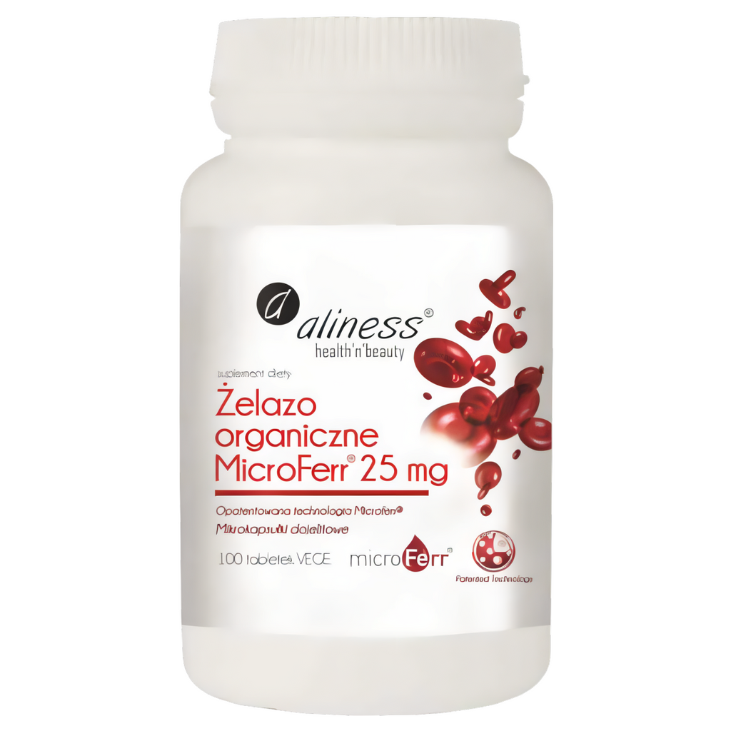 Żelazo Organiczne 25 mg Aliness - Opatentowana technologia MicroFerr® - 100 tabletek
